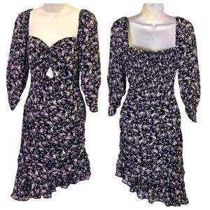 ASTR The Label Black/Purple Multi Ditsy Floral Asymmetrical CutOut Dress,Medium